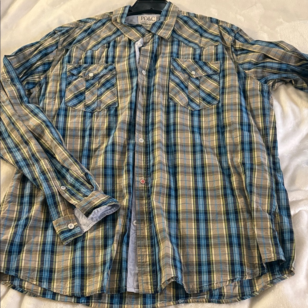 PD&C Blue and Tan Plaid Button-Down Shirt
